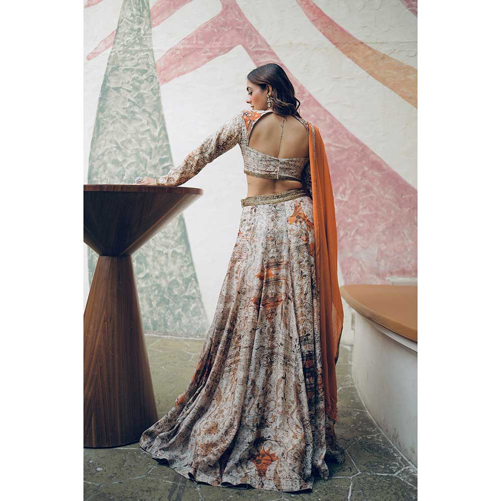KOSWI Orange Print Embroidered Lehenga with Blouse and Dupatta (Set of 3)