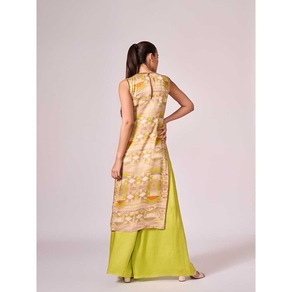 KOSWI Lime Green Geometric Print Kurta with Palazzo (Set of 2)
