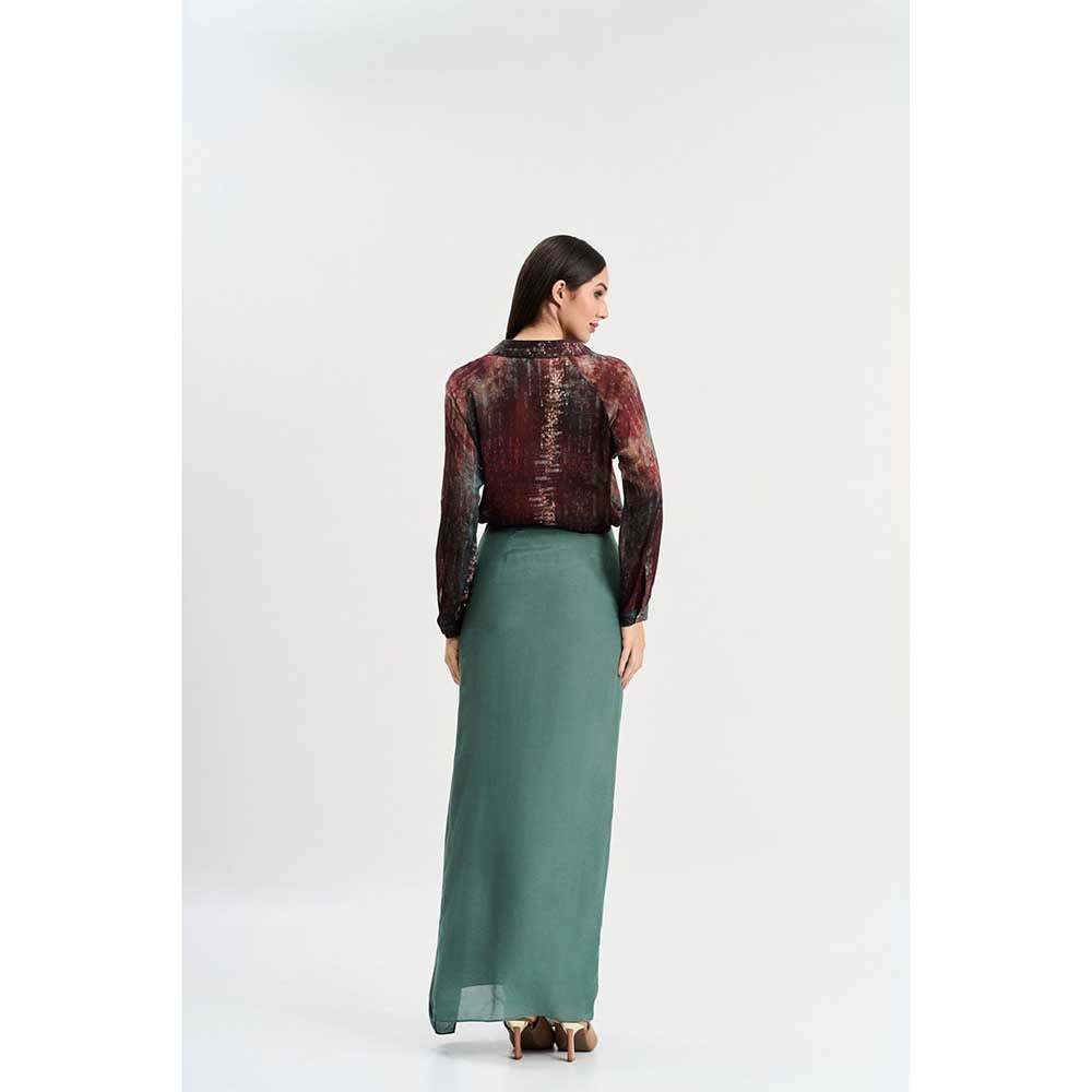 KOSWI Maroon Print Shirt with Skirt (Set of 2)