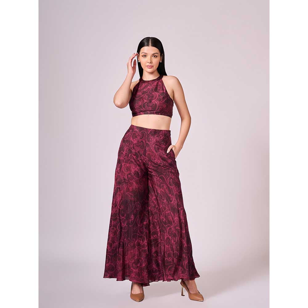 KOSWI Maroon Cherry Floral Print Co-Ord (Set of 2)