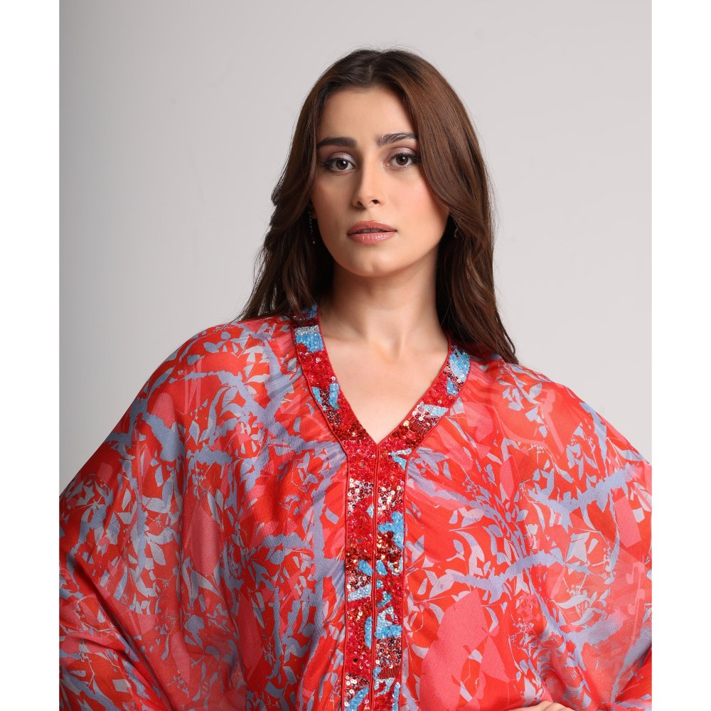 KOSWI Red Abstract Floral Print Kaftan Top