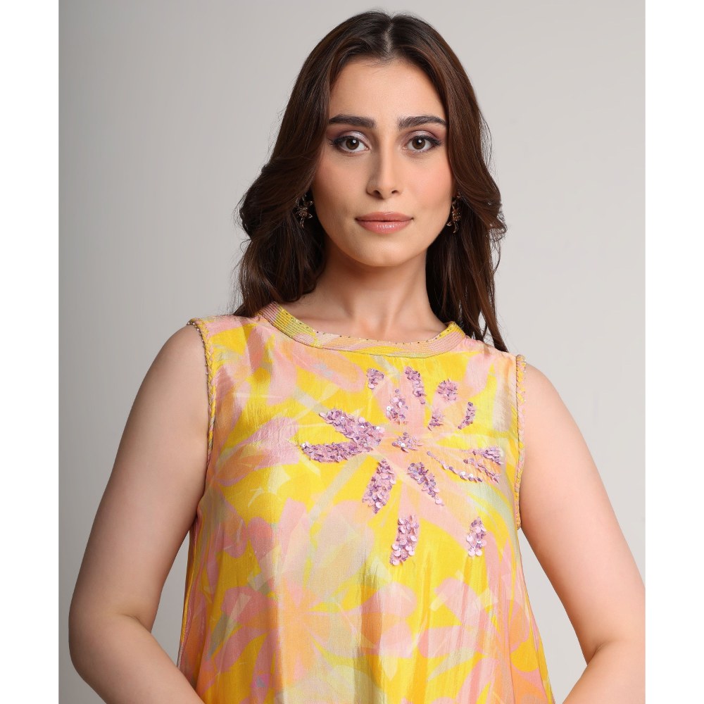 KOSWI Women Yellow Viscose Embellished Tunic with Pant