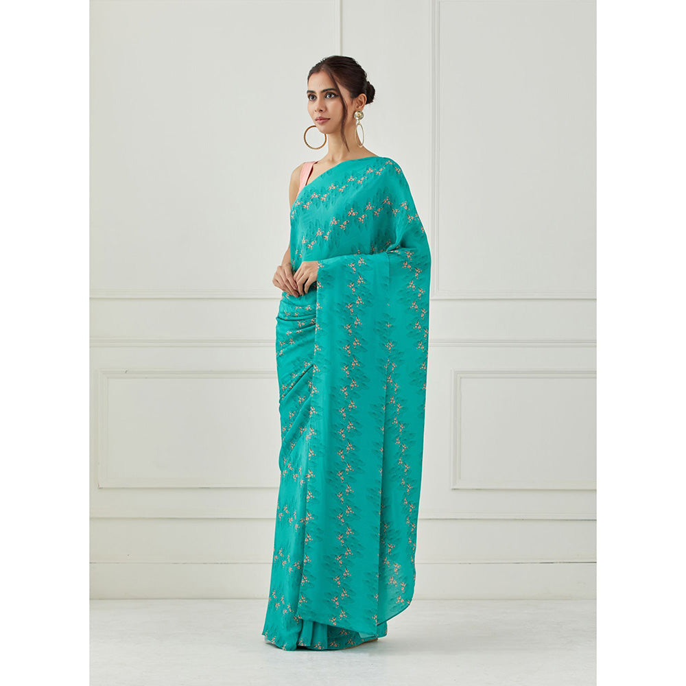 Label Nitika Teal Crepe Saree with Unstitched Blouse