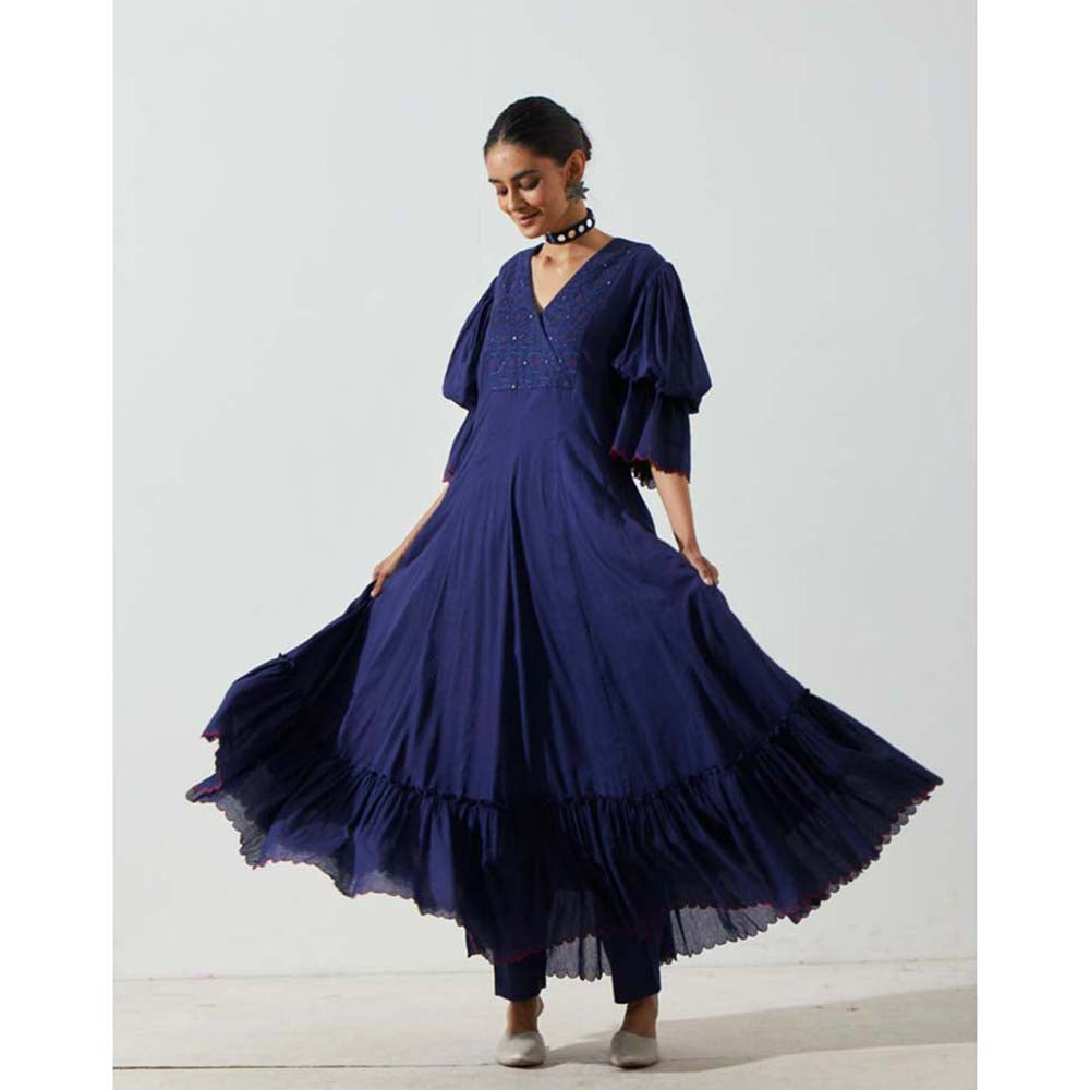 Label Earthen Women Navy Blue Embroidered Anarkali Kurta with Pant (Set of 2)