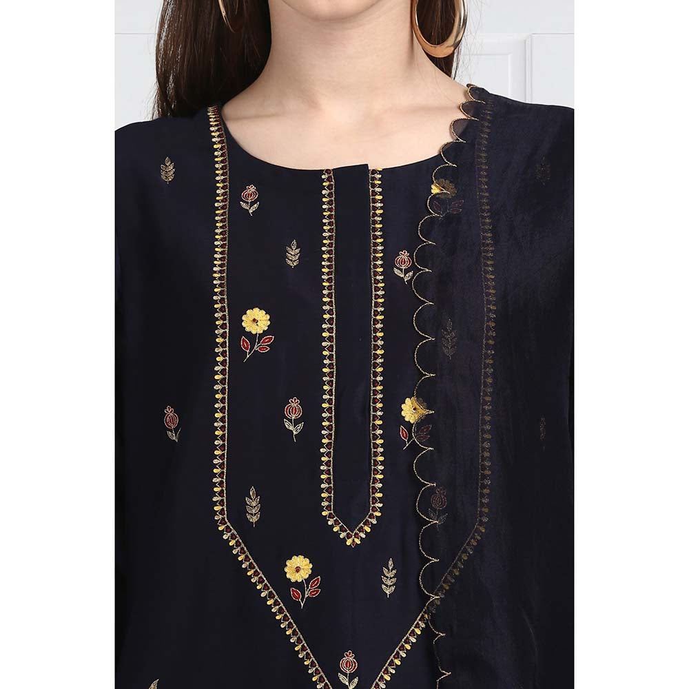 Label Earthen Women Navy Blue Embroidered Kurta with Pant & Dupatta (Set of 3)