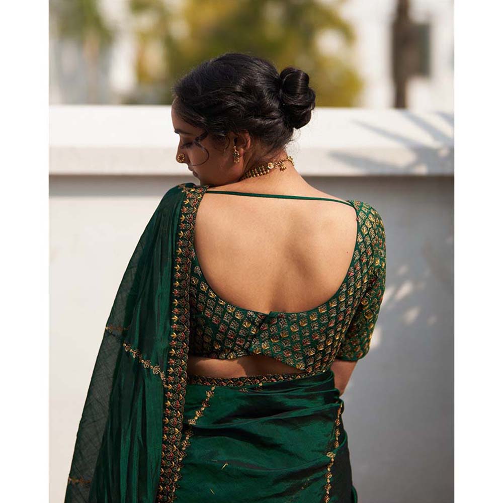 Label Earthen Rani Panna Raw Silk Embroidered Saree with Stitched Blouse