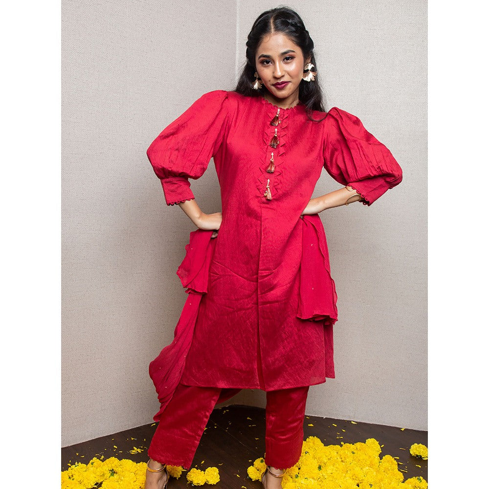 LABEL KIARSH Red Balloon Sleeved Kurti with Dupattta (Set of 3)