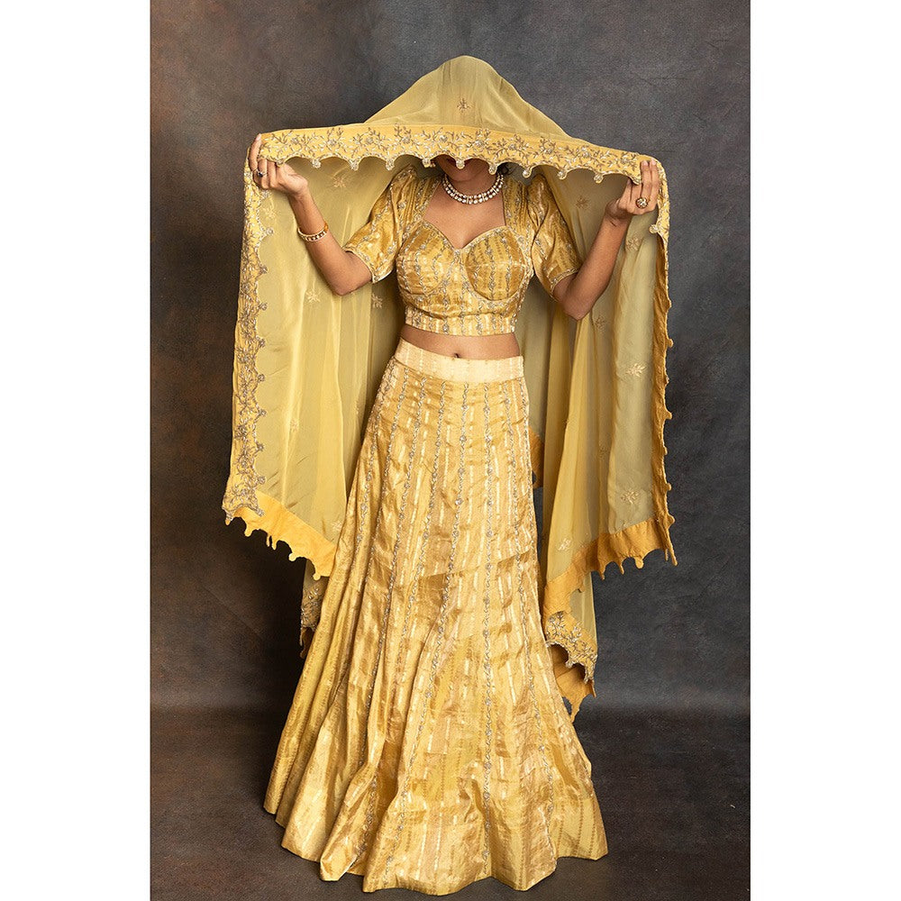 LABEL KIARSH Fusion Gold Lehenga with Blouse and Dupatta (Set of 3)