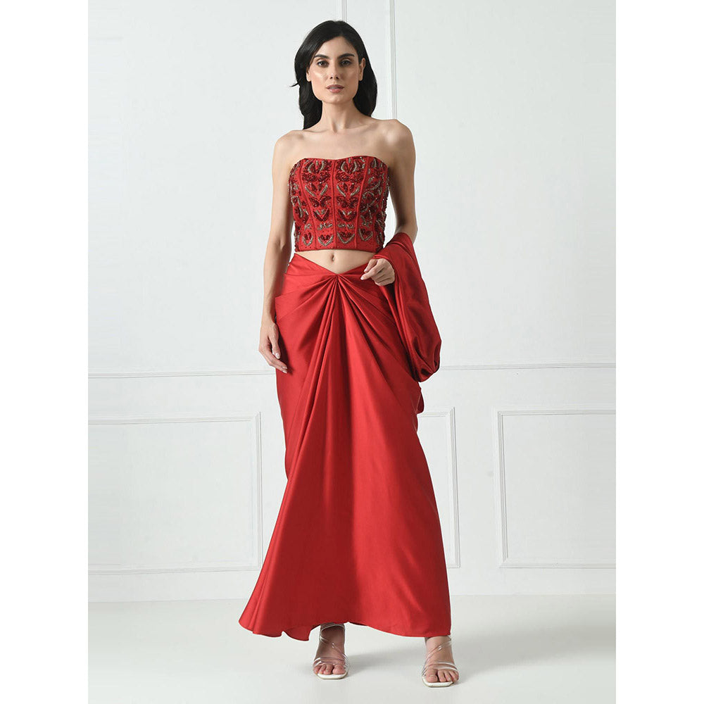 Sunanta Madaan Red Indo Western Skirt with Crop Top and Cape (Set of 3)