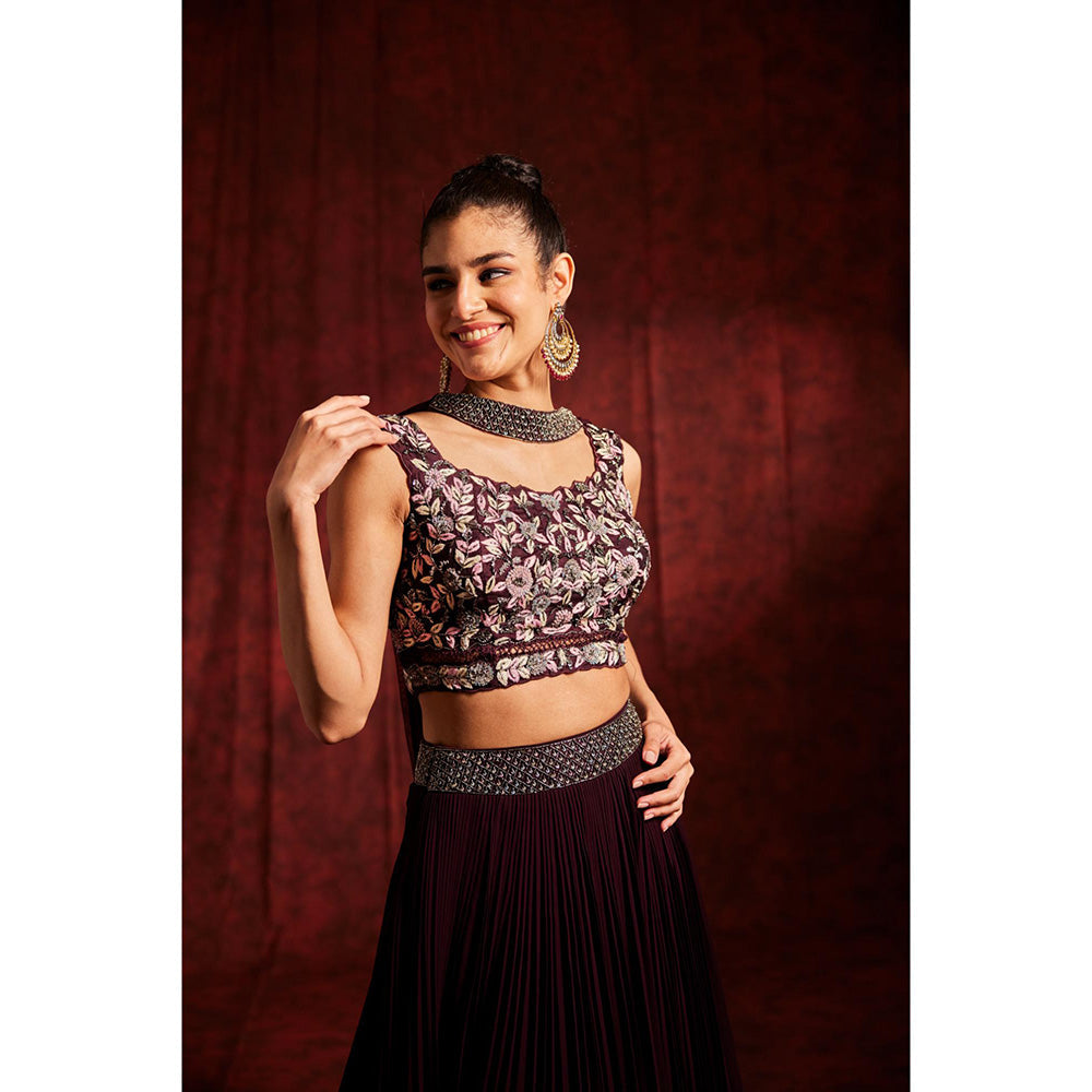 Label Gayatri Bishnoi Wine Lehenga with Blouse and Dupatta (Set of 3)