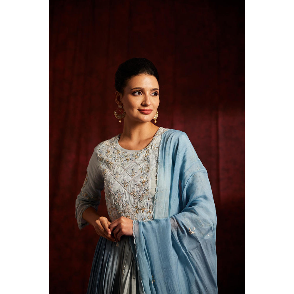 Label Gayatri Bishnoi Blue Afghani Lehenga with Peplum Top and Dupatta (Set of 3)