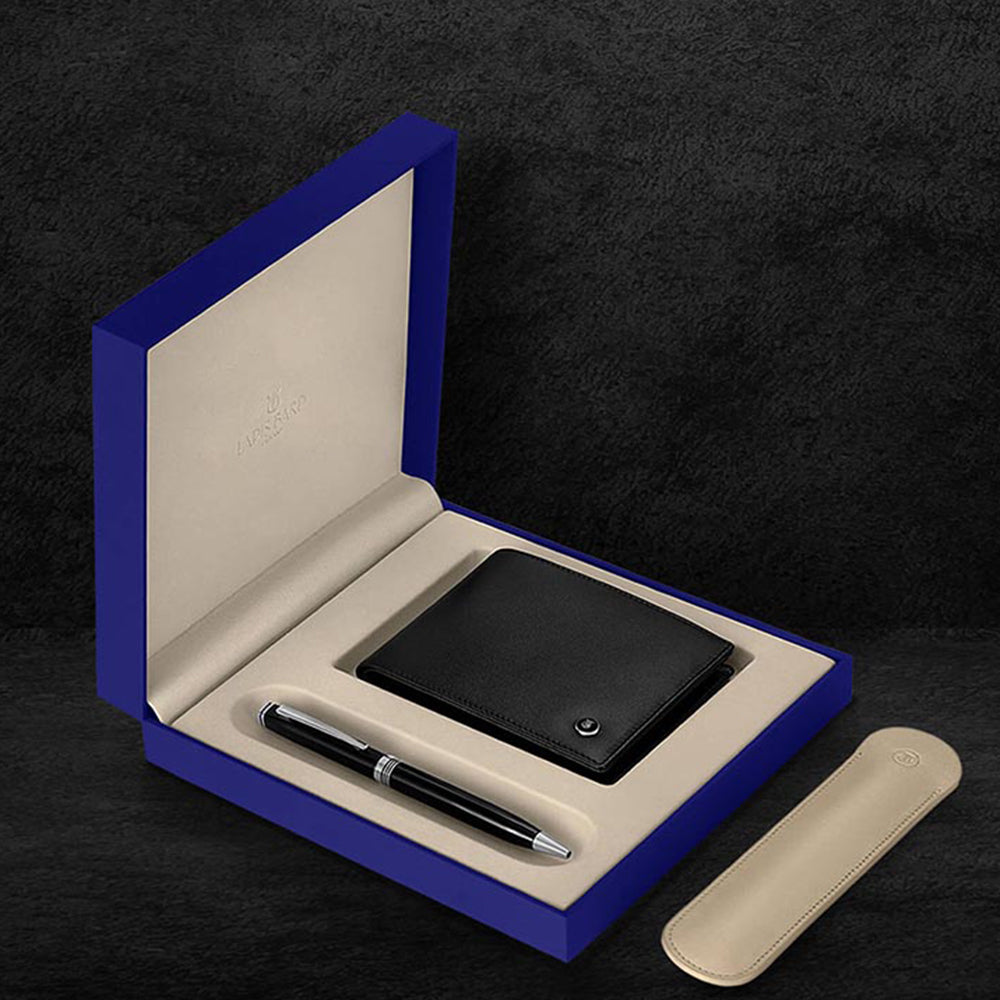 Lapis Bard Gift Set Contemporary Ballpoint Pen With Mayfair Coin Pocket Wallet Black and Chrome