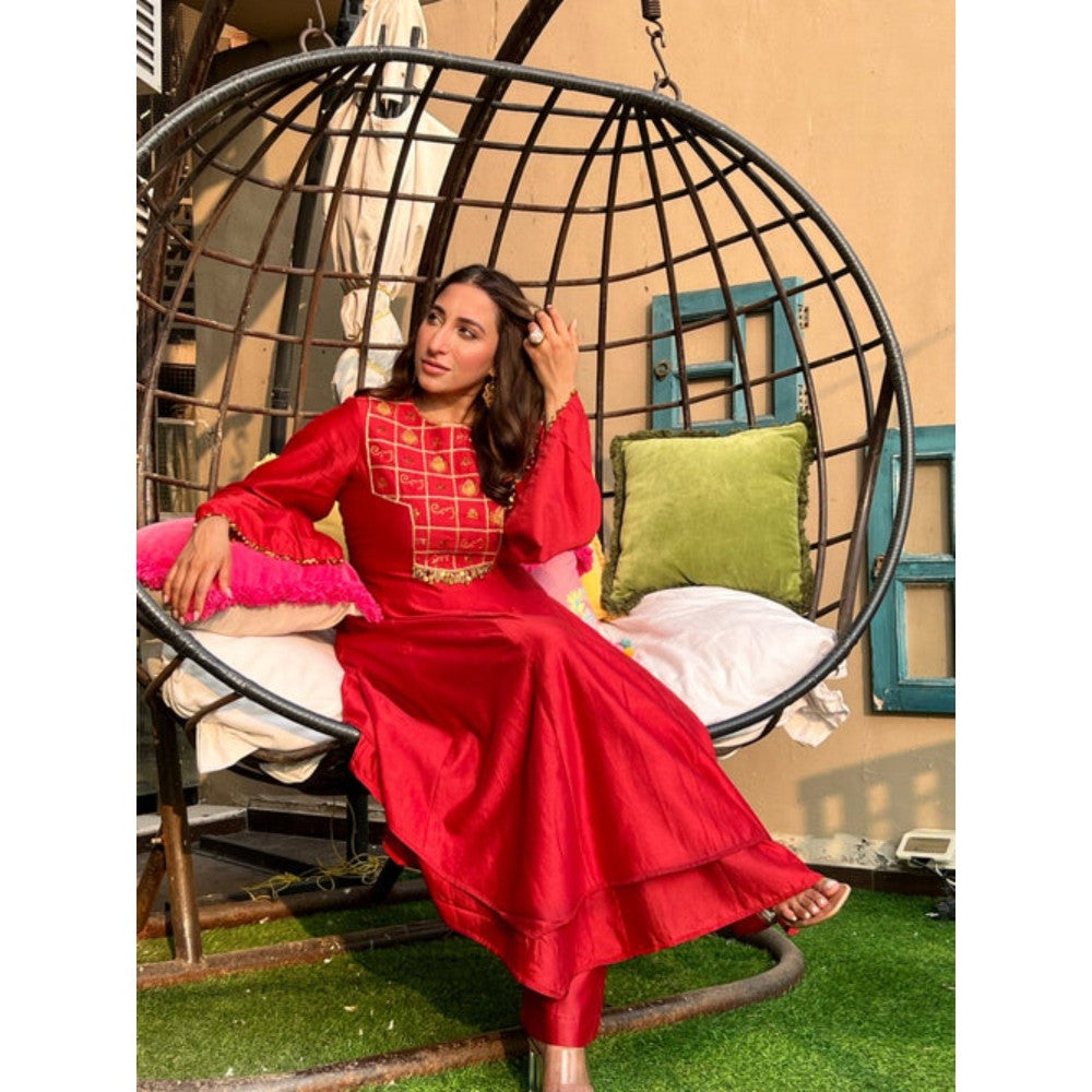 Leela by A Crimson Anarkali Kurta With Palazzo And Dupatta