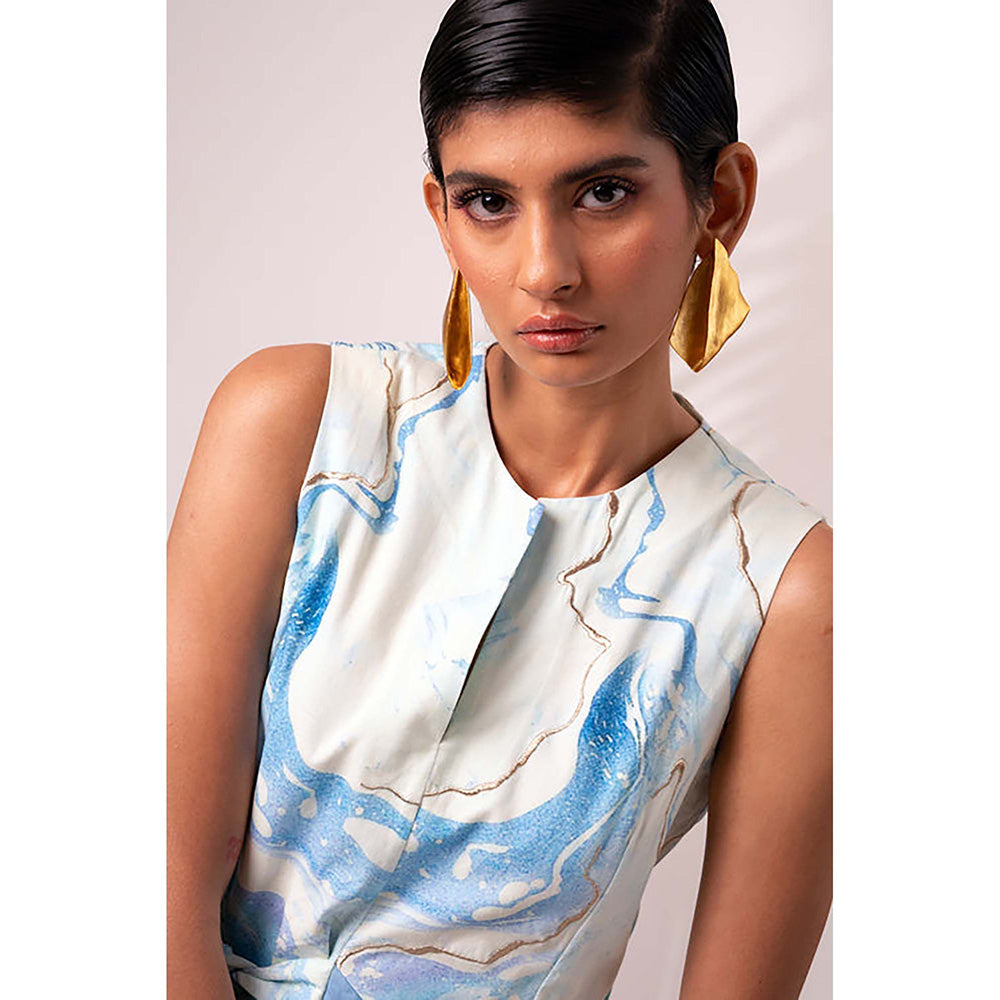 MADDER MUCH Blue Cotton Round Neck Abstract Midi Dress