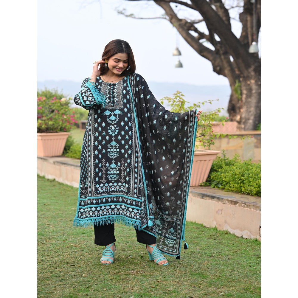 Mahee Jaipur Black Lacy Block Print Muslin Kurta With Pant And Dupatta