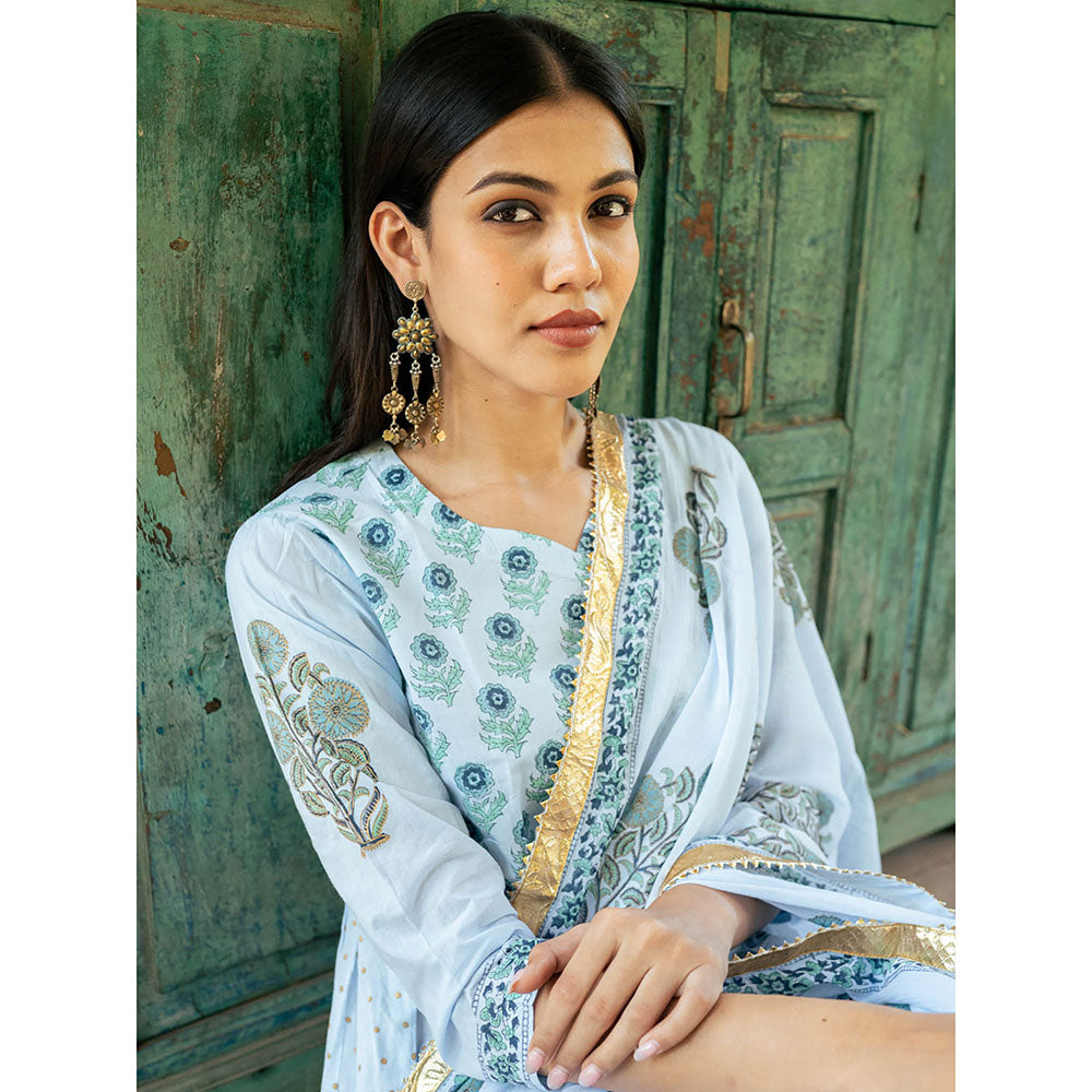 Maison Shefali Mughal Powder Blue Boota Kurta with Pant and Dupatta (Set of 3)