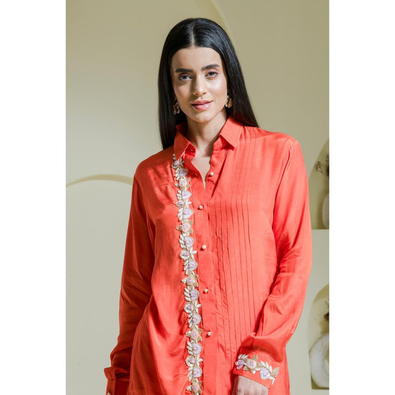 Maive Orange Hand Embroidered Modal Satin Shirt
