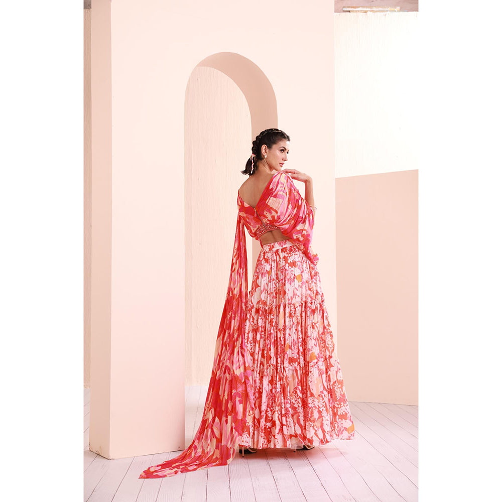 MANDIRA WIRK Stylized Draped Blouse Detailed Rushed Sleeve with Chiffon Lehenga (Set of 3)