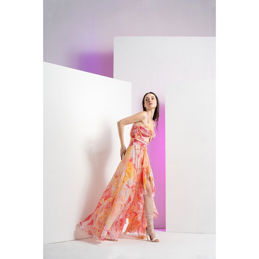 MANDIRA WIRK Peach Raw Crystal Asymmetric Maxi Dress