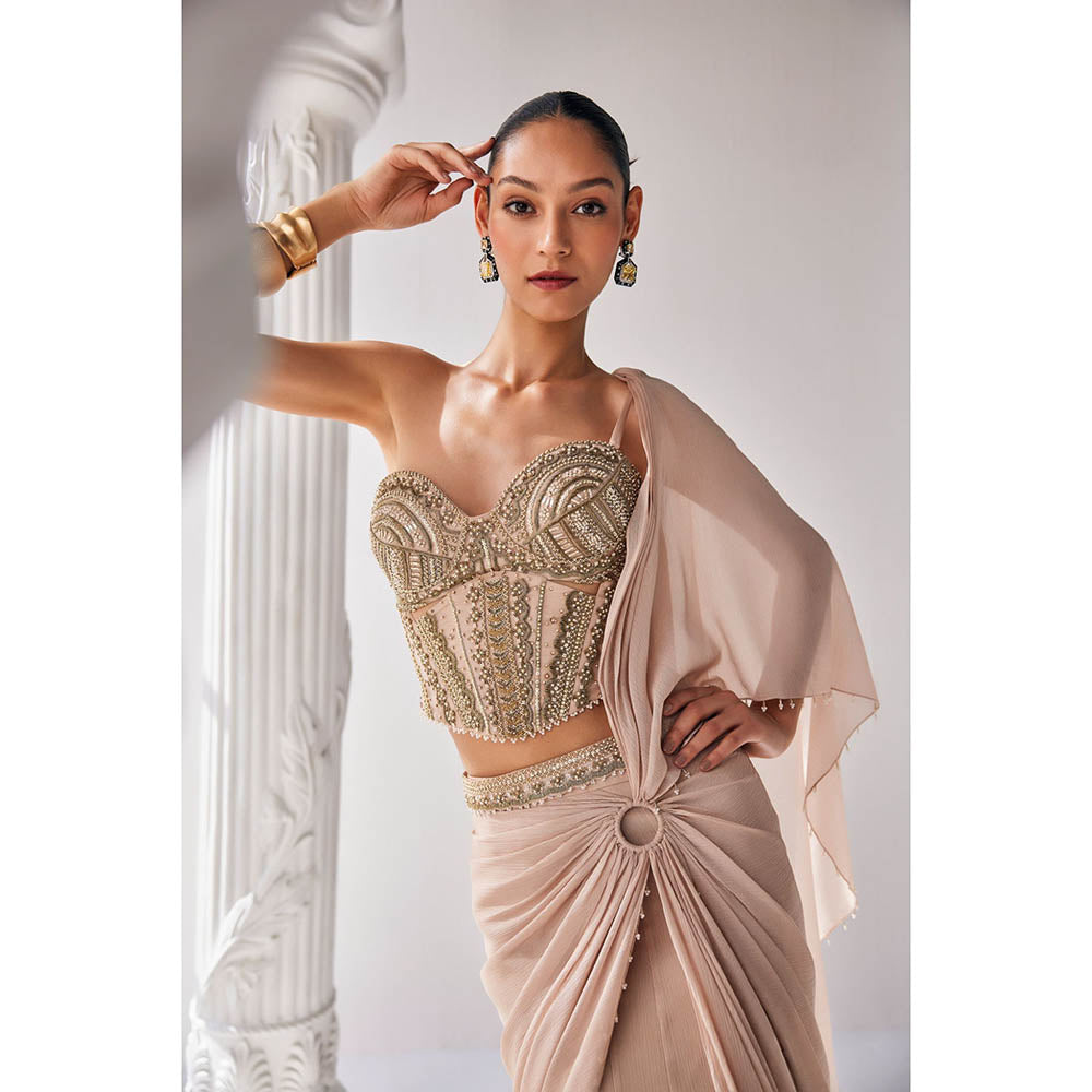 MANDIRA WIRK Golden Cream Saree with Stitched Blouse