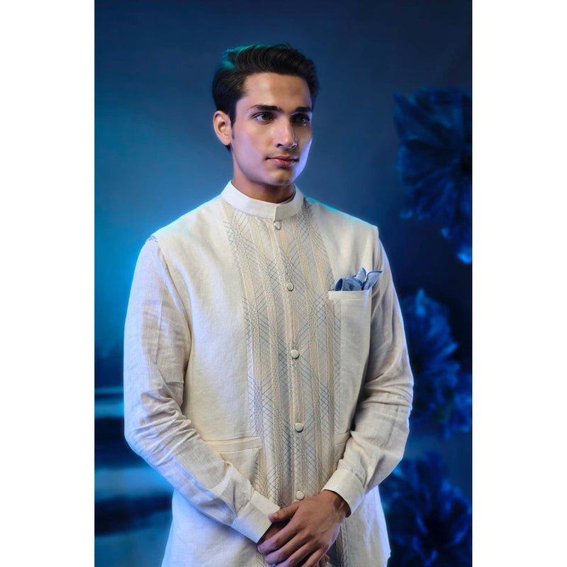 MANDIRA WIRK Ivory Pintuck Nehru Jacket with Short Kurta and Pant