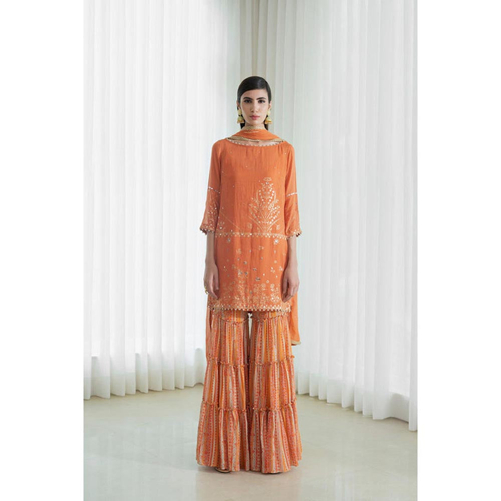 MANDIRA WIRK Women Chanderi Rust Kurta with Sharara and Dupatta