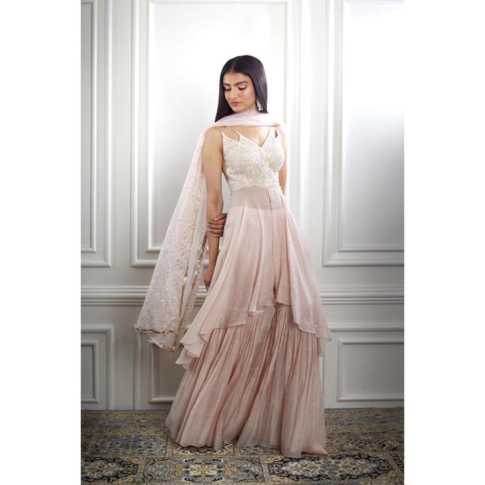 MANDIRA WIRK Women Chanderi Peach Top with Cape and Sharara