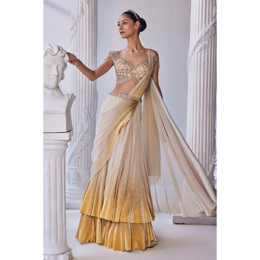 MANDIRA WIRK Gold Foil Draped Double Layer Lehenga Blouse With Dupatta
