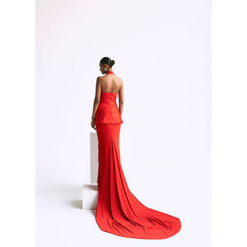 Manika Nanda Red Halter Jacket With Draped Skirt (Set of 2)