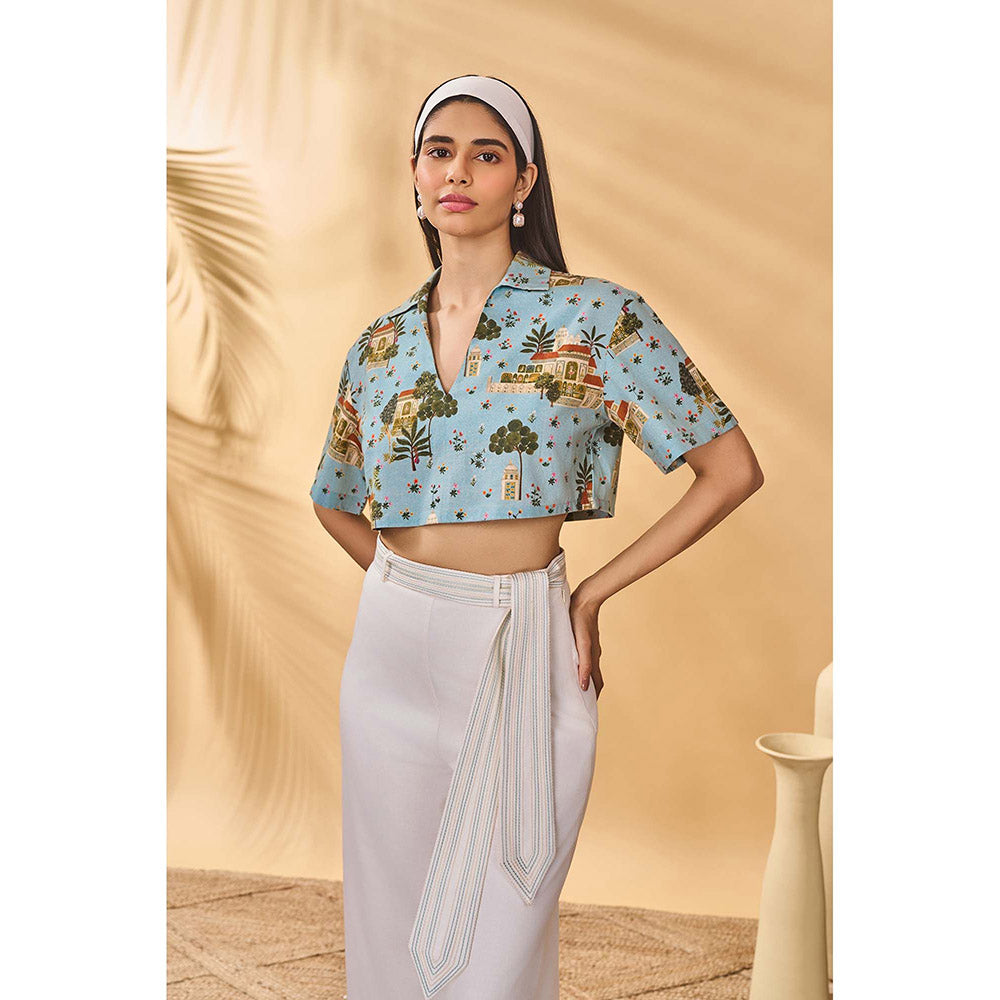 Masaba Blue Miniature Dreams Crop Top with Pant and Belt (Set of 3)