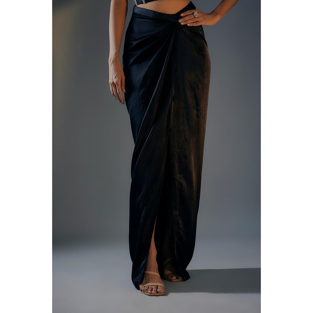 Masumi Mewawalla Black Embroidered Corset With Draped Skirt And Colour Block Jacket (Set of 3)