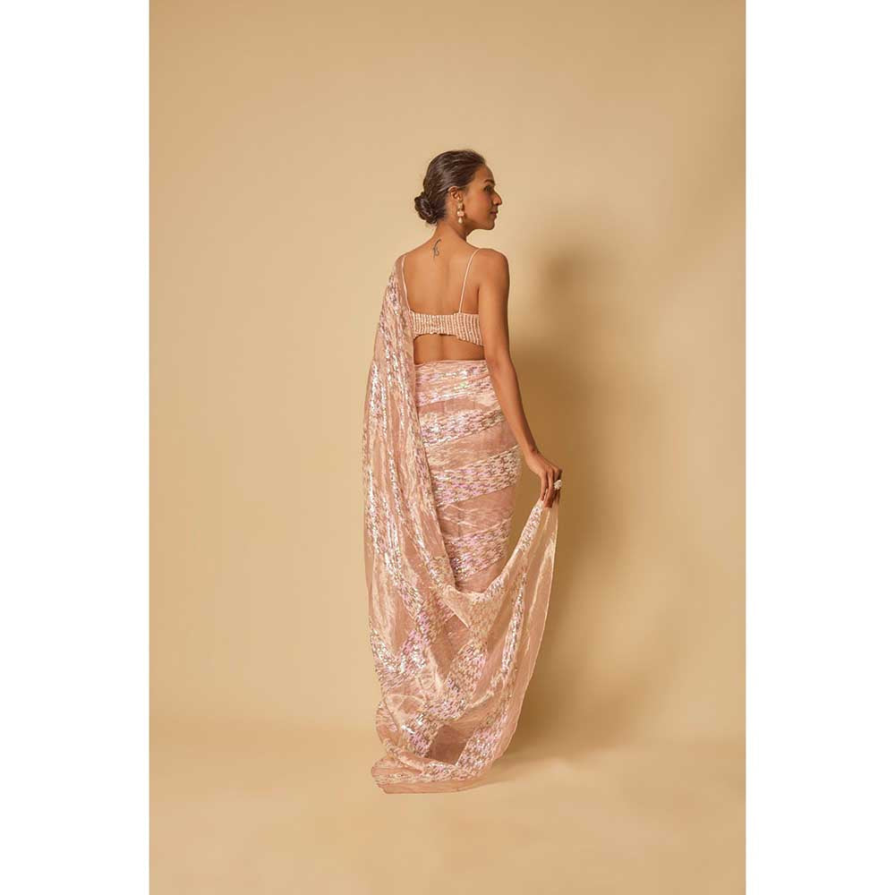 Masumi Mewawalla Pink Tissue Sequin Block Pre Draped Saree and Stitched Blouse