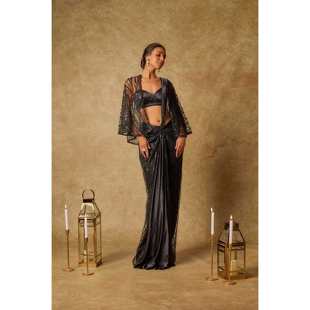 Masumi Mewawalla Black Embroidered Pre Draped Saree and Stitched Blouse with Cape