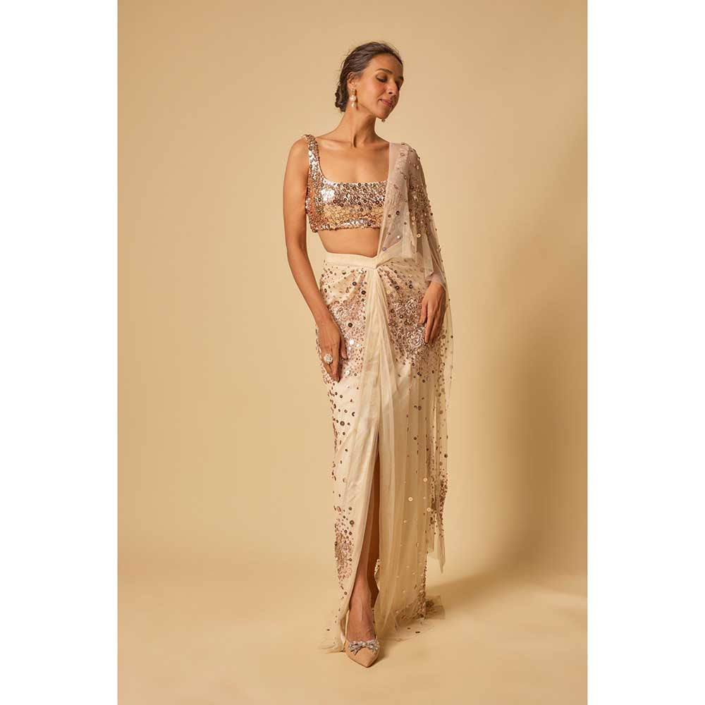 Masumi Mewawalla Beige Sequin Embroidered Pre Draped Saree and Stitched Blouse