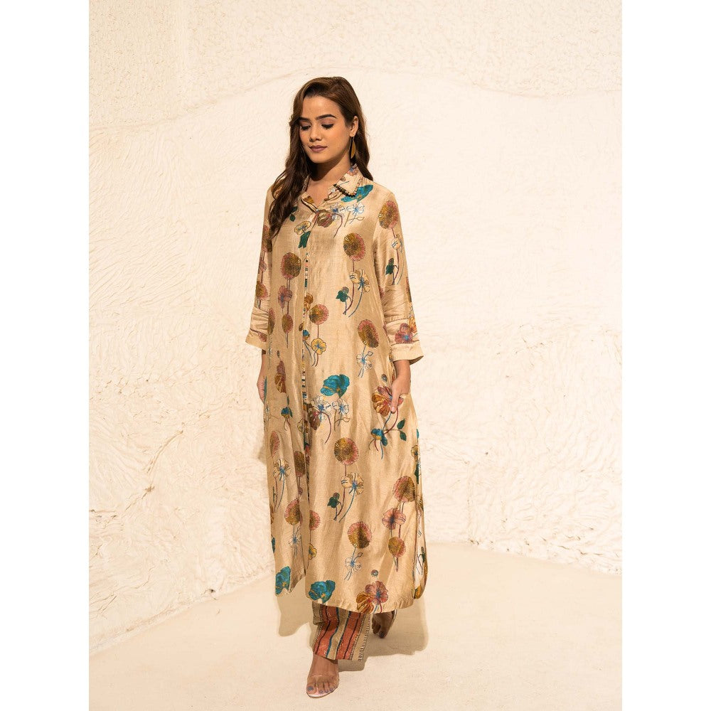 Meghna Panchmatia Beige Floral Art Jacket with Top and Pant (Set of 3)