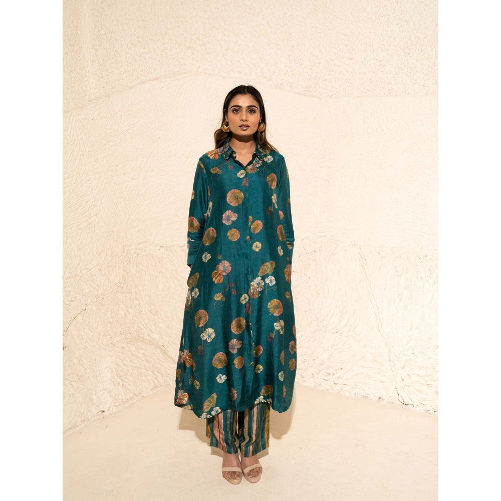 Meghna Panchmatia Green Floral Art Jacket with Top and Pant (Set of 3)