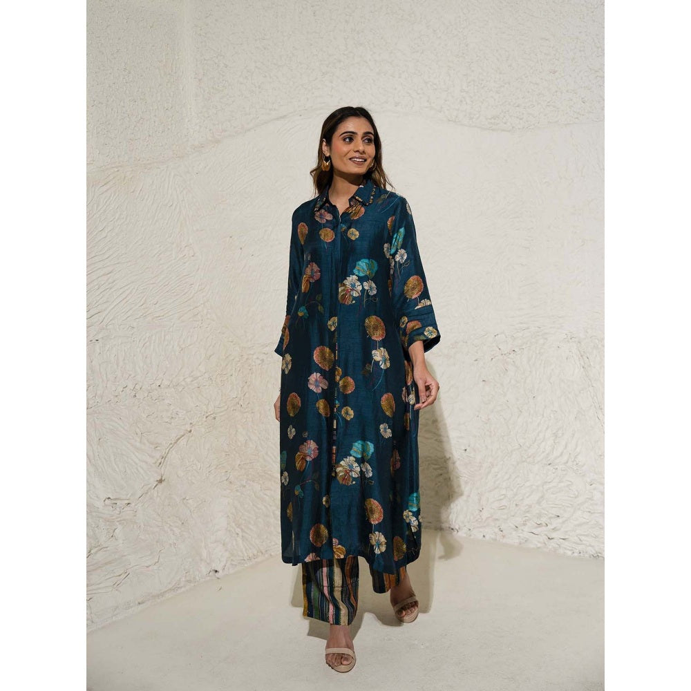 Meghna Panchmatia Navy Blue Floral Art Jacket with Top and Pant (Set of 3)