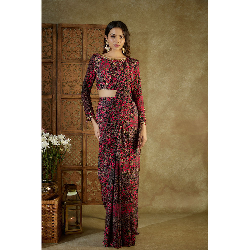 MEHAK MURPANA Pink Printed Pre Stitched Saree with Stitched Blouse