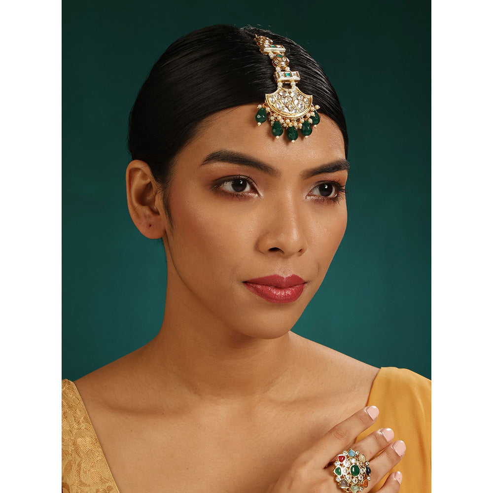 MINAKI Green Jewellery Maang Tikka and Earrings