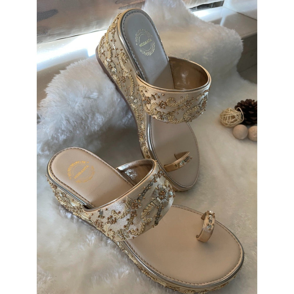 Modanta Satin Gold Embroidered Wedges