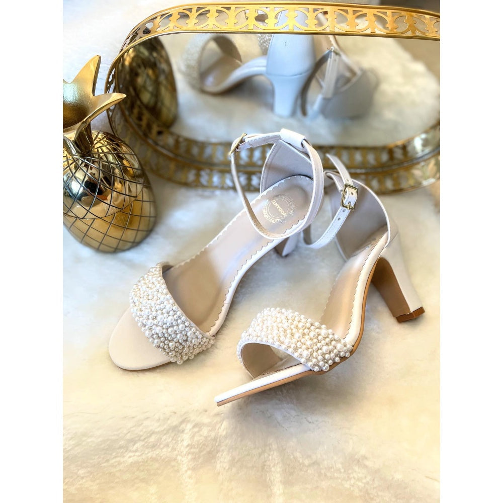 Modanta White Pearl Strap Heels