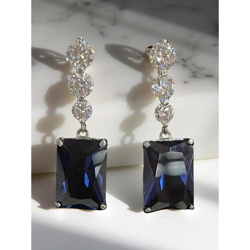 Mon Tresor Graded Dia Line With Rectangle Blue Drop Earrings - Navy Blue