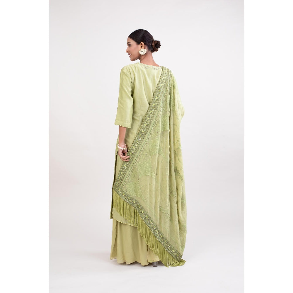 Monika Mathuria Datta Pista Green Embroidered Kurta with Palazzo and Dupatta (Set of 3)