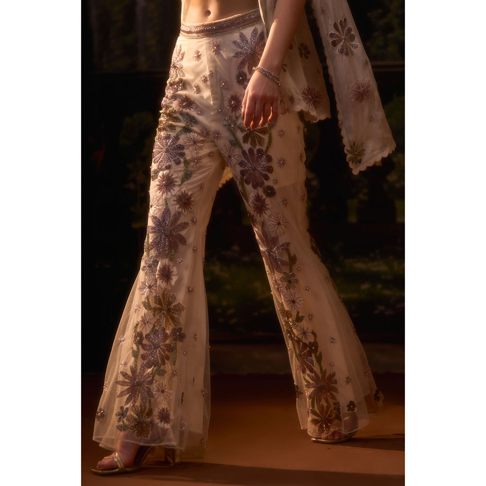 Muskan Aggarwal Womens Net Embroidered Cream Crop Top with Cape and Pant