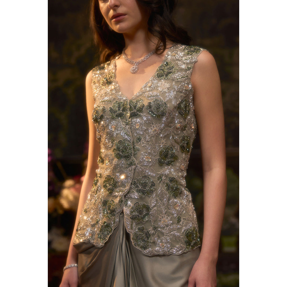 Muskan Aggarwal Women Satin Green Jacket Drape with Skirt