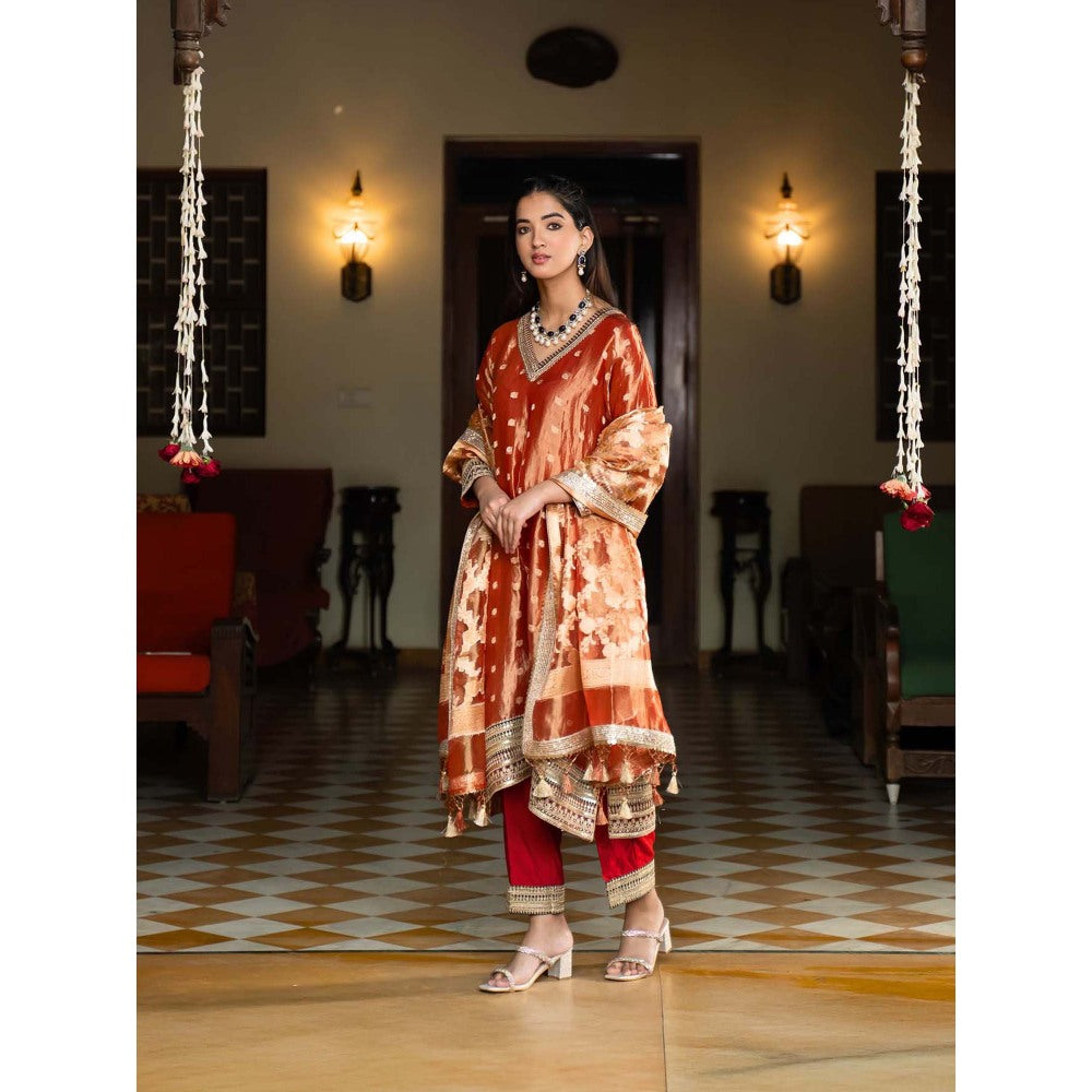 Naseebo Royal Rust Banarasi Silk Kurta with Pant and Dupatta (Set of 3)