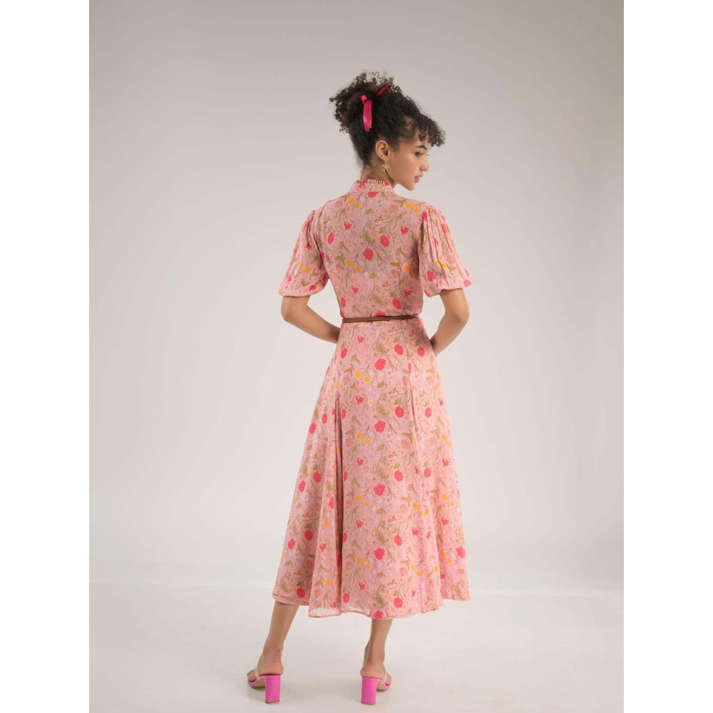 Natalia Livingston Dahlia Pink Floral Midi Dress with Belt