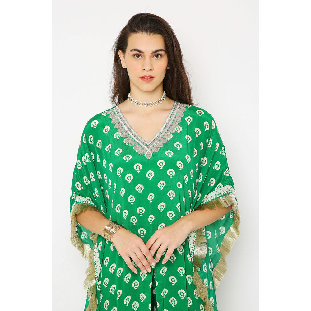 Neha Mehra Green Barfi Crepe Front Slit Kaftan with Pants (Set of 2)