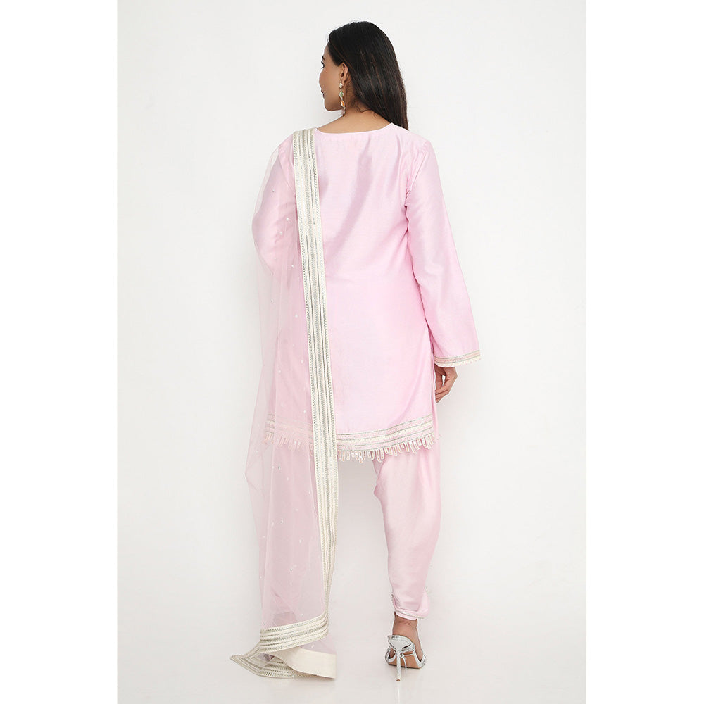 Neha Mehra Candy Pink Embroidered Kurta and Tulip Pant with Dupatta (Set of 3)