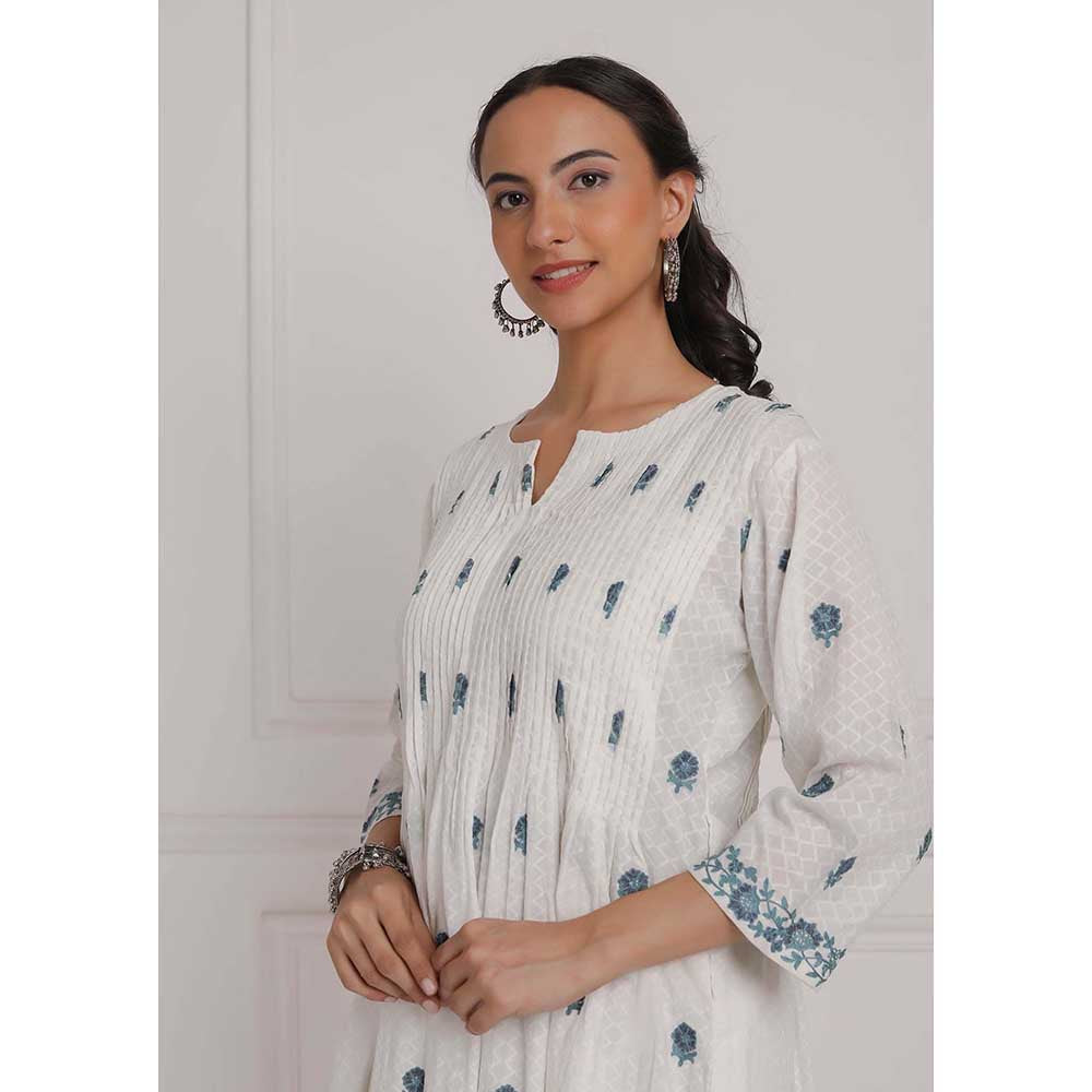 NEMAANI Off White Embroidered Cotton Anarkali Kurta with Pant (Set of 2)